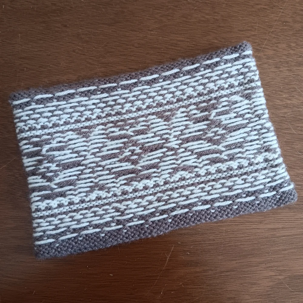 Handmade Handknit Taupe Brown & Ivory Scandinavian Snowflake Motif Cowl Scarf OS